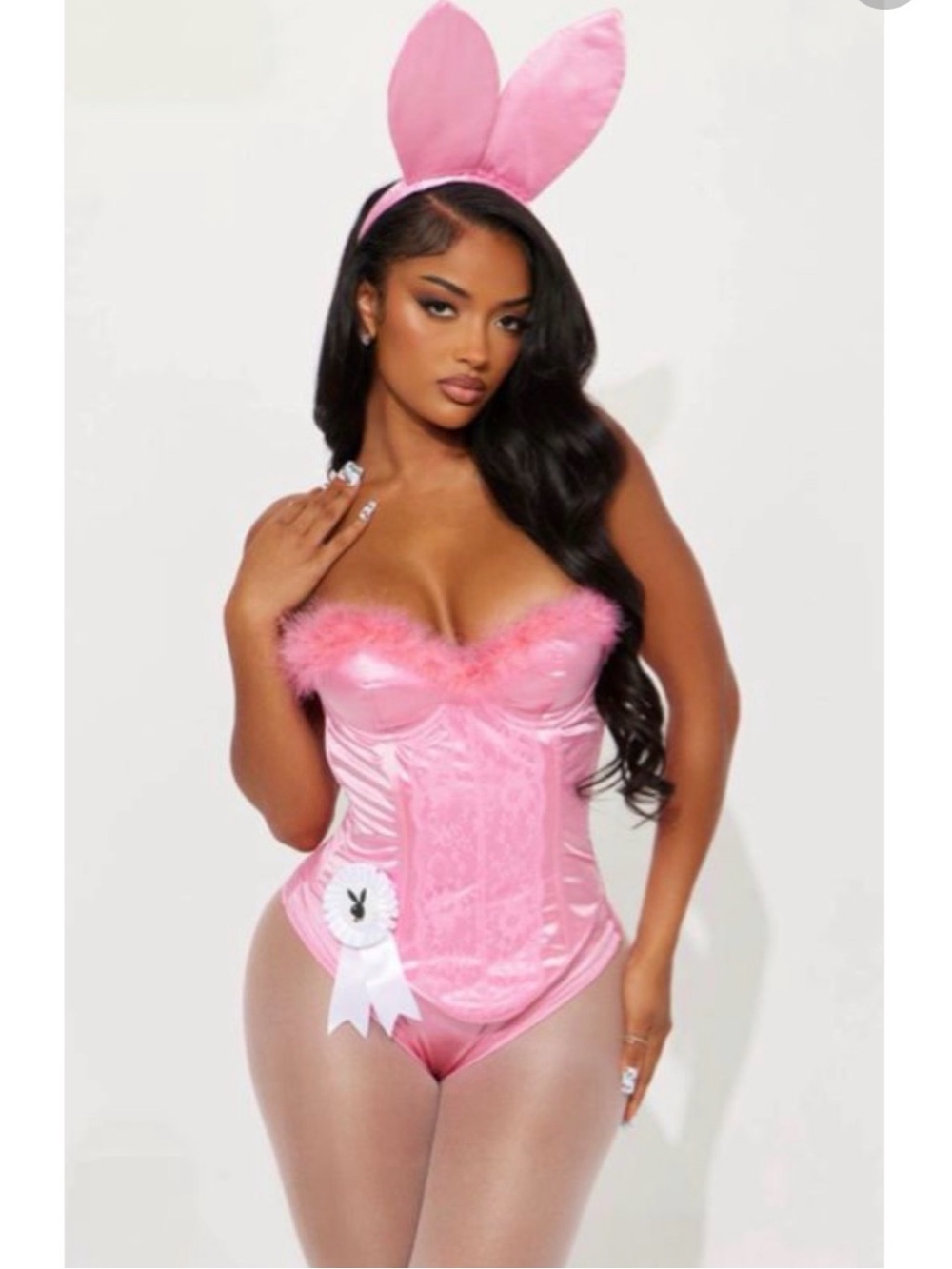 PLAYBOY Pink Satin Bunny Corset Set with Feather Trim Halloween Costume